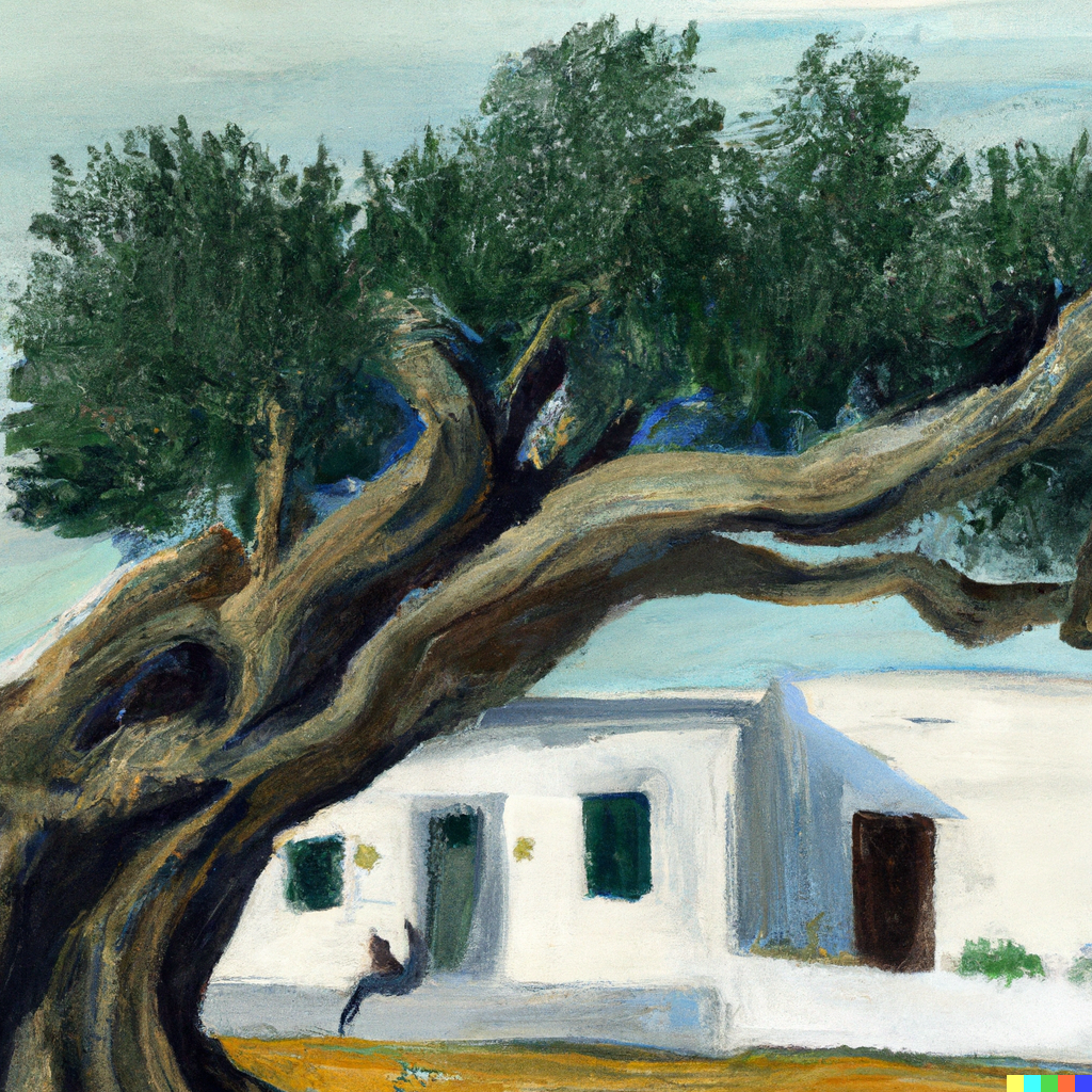 a painting of huge olive tree next to a small white greek villa with people inside, one huge branch hangs over the top of the villa
