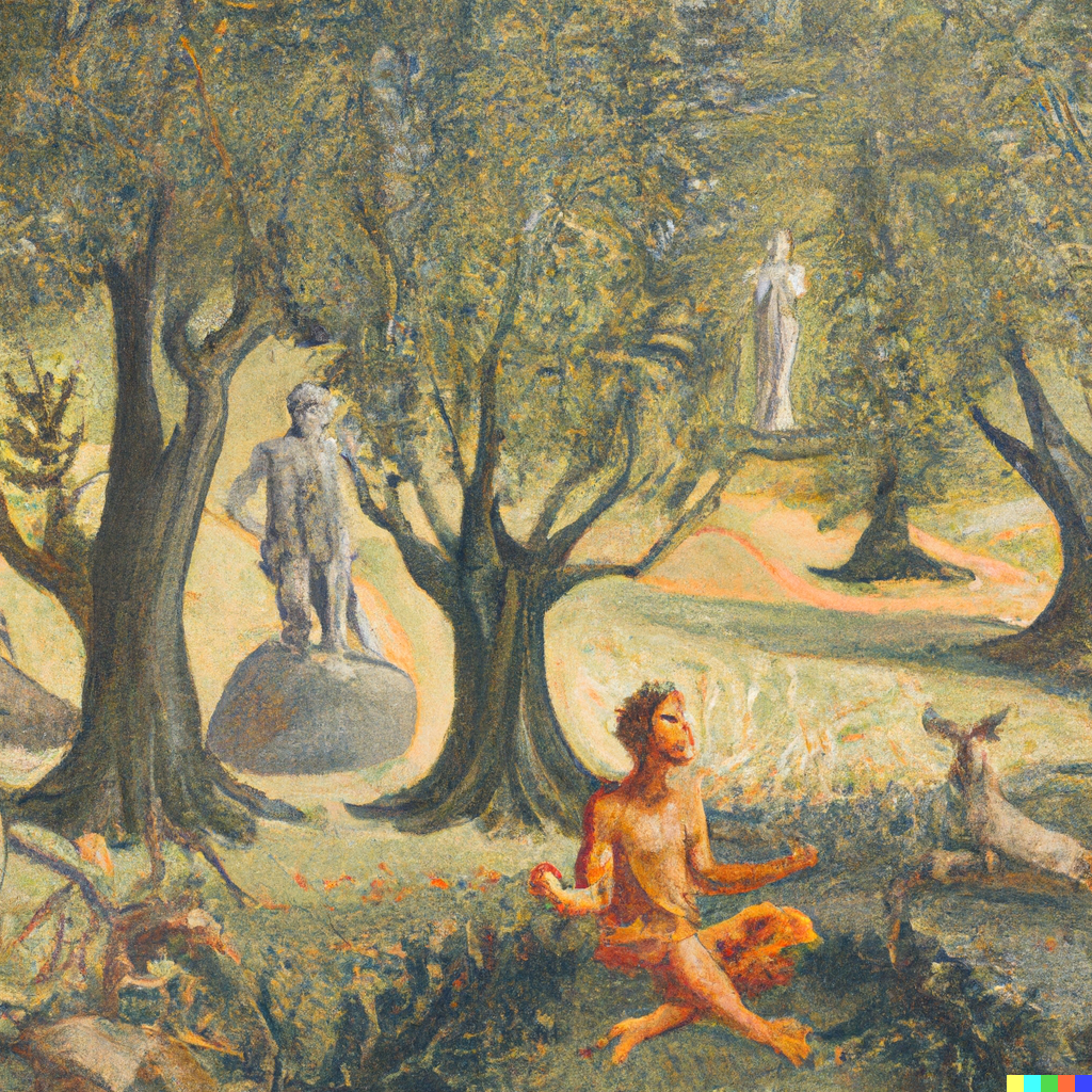 a painting of a sculptor meditating in an olive grove surrounded by fauns and dryads