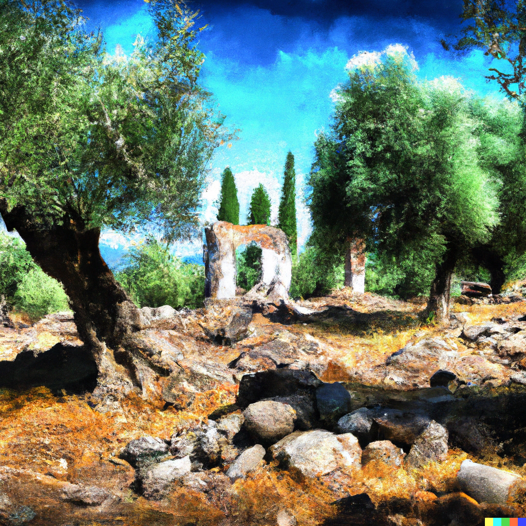 an olive grove around the ruins of a villa panorama painting