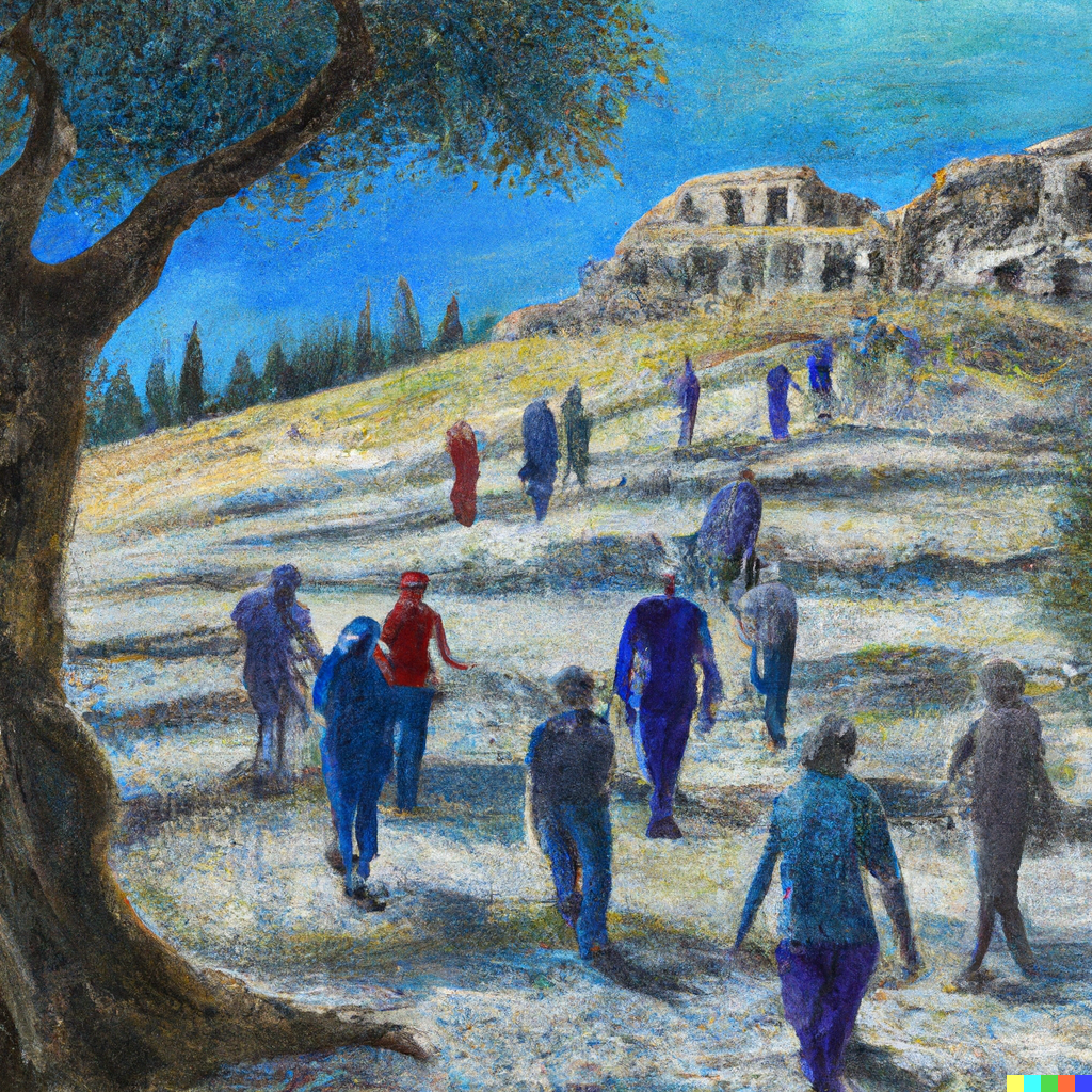 a painting of a crowd of sad people wearing blue and red walking downhill away from an olive grove covered in a big old marble ruin