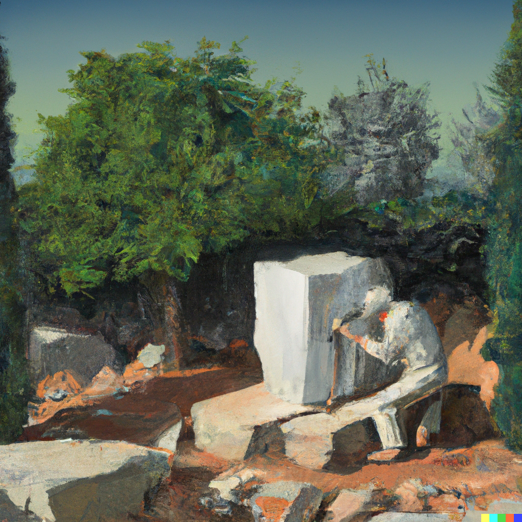 a painting of a sculptor working with a chisel on a colossal block of marble in an olive grove