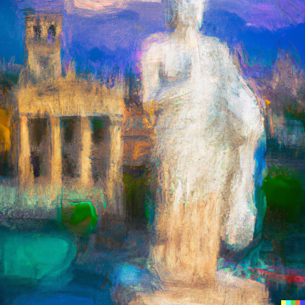 a painting of an enormous greek marble statue towering over and in the centre of marble city surrounded by a colourful dreamlike blur
