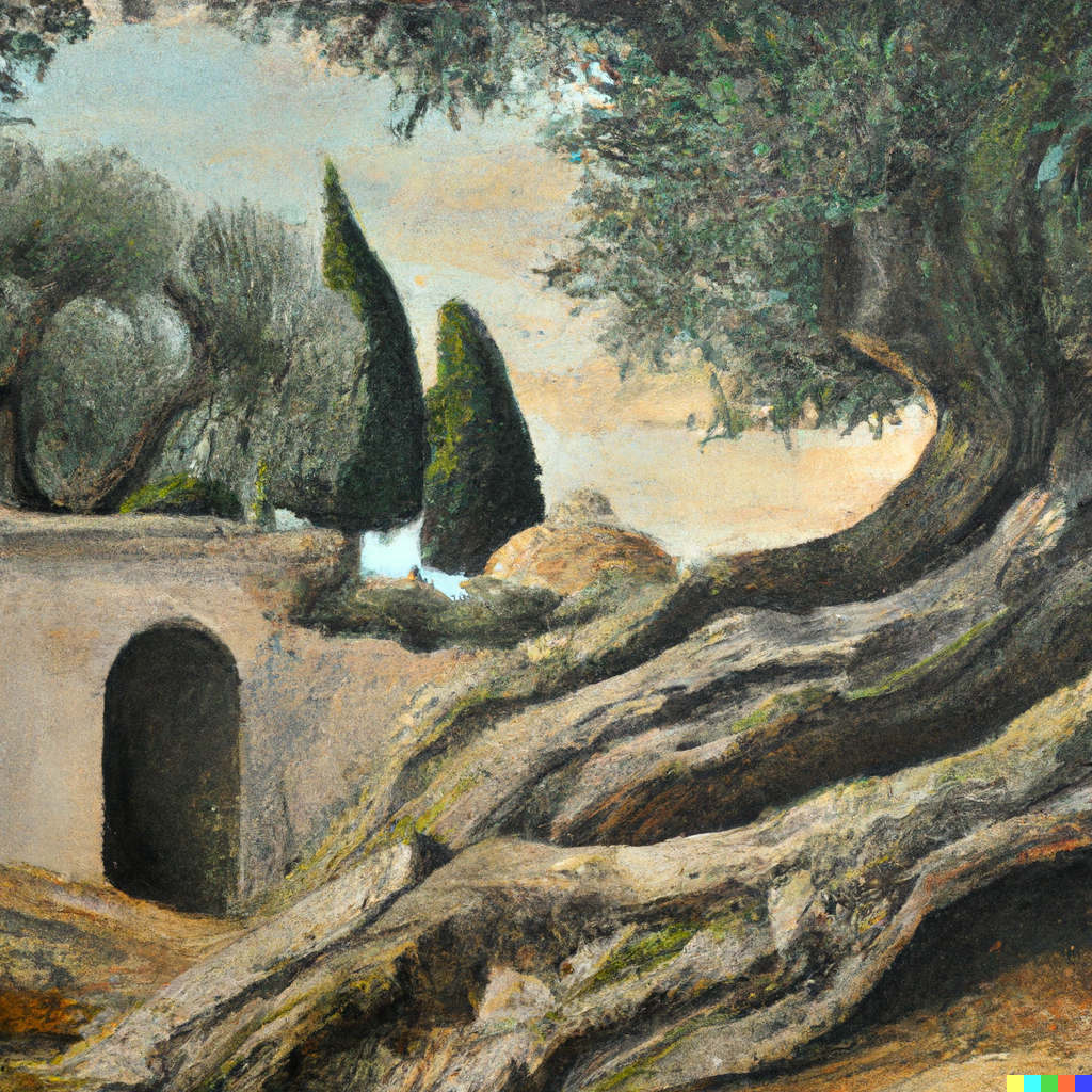 painting of a tomb in great decay, with an unnaturally large, grotesque and repellent olive tree at one end