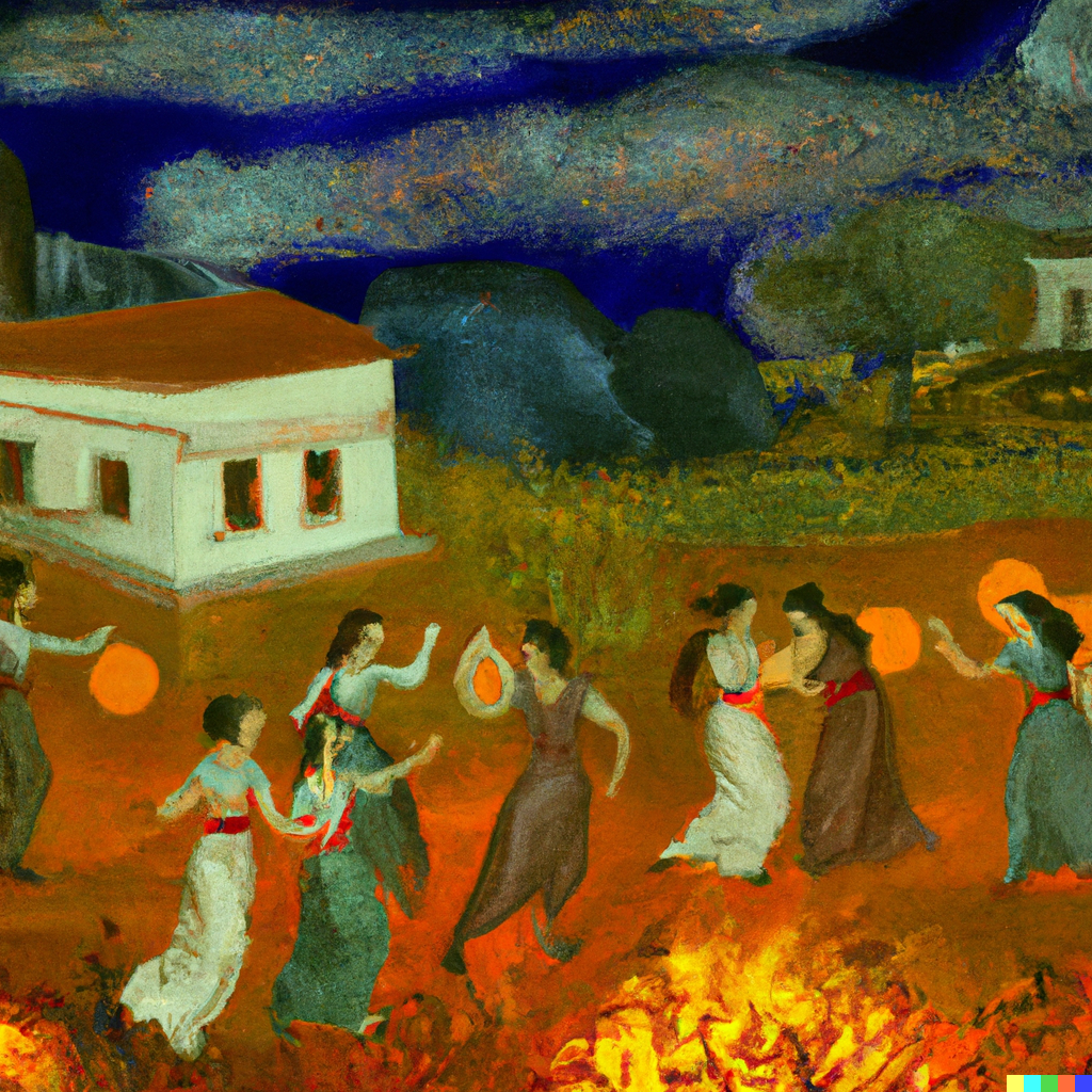 a painting of emissaries having a great celebration in a village on a dark windy night in ancient greece